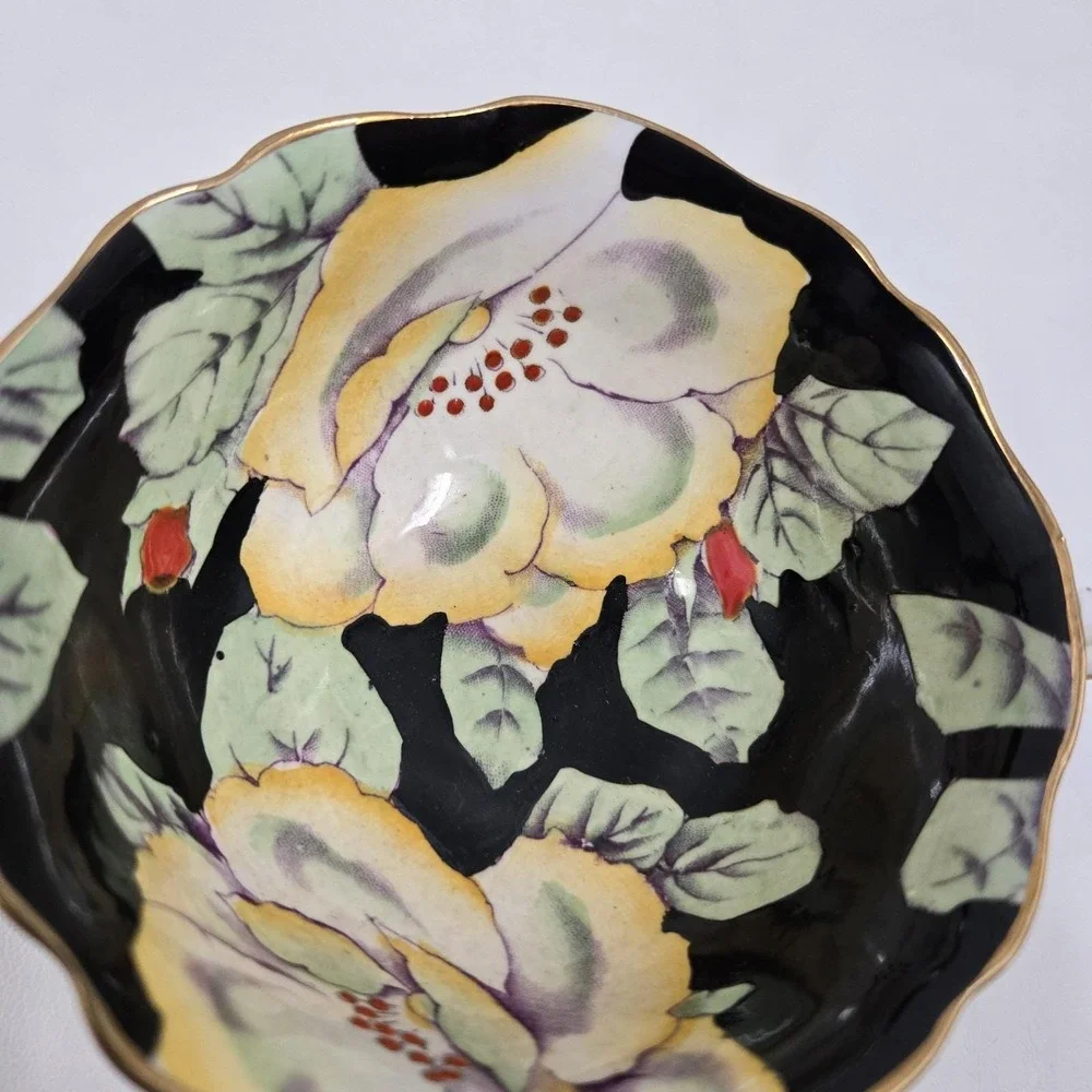 Paragon Fine Bone China Teacup & Saucer Black Yellow Hibiscus Vintage